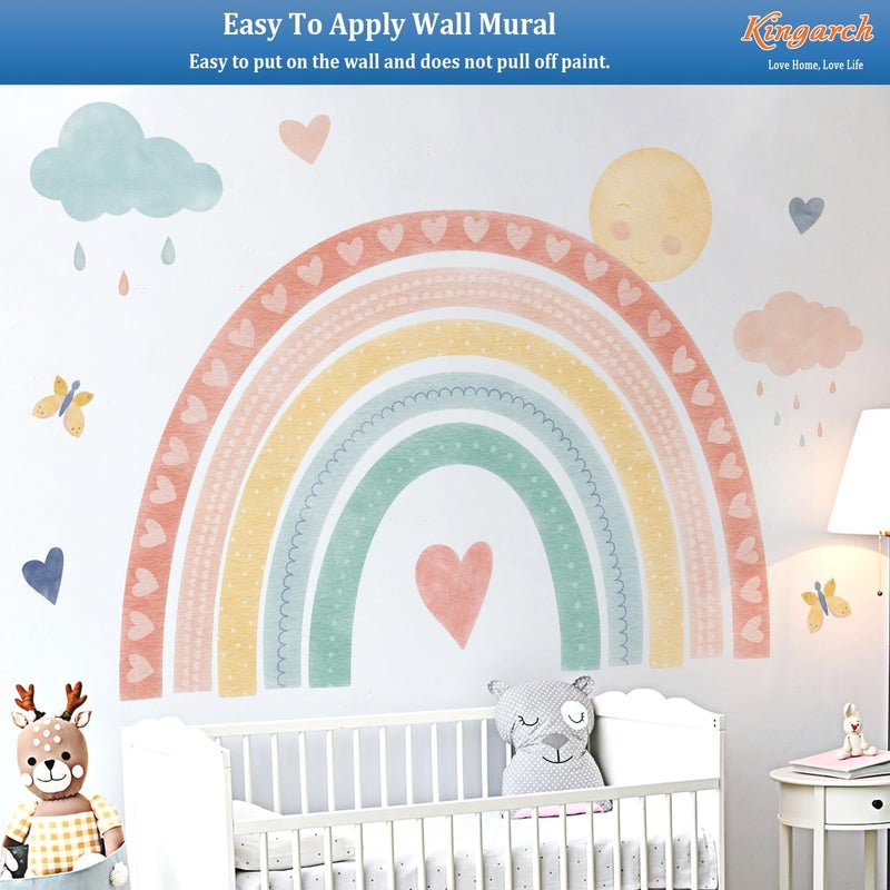Kingarch Large Watercolor Rainbow Wall Decals, Boho Sun Clouds Peel and Stick Fabric Nursery Wall Decor, Home Room Wall Decor Murals Stickers for Kids Girls Toddler Bedroom Living Room Playroom - Image 5